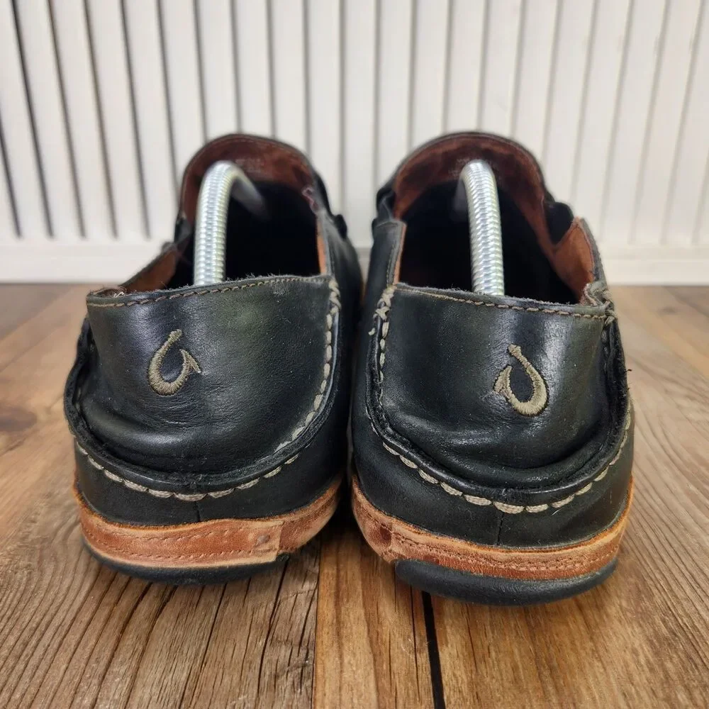 Olukai Moloa Leather Slip On Shoes Mens Sz 12 Black Brown Moc Toe Casual Loafers